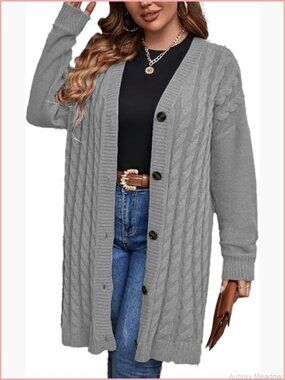 Cable Knit Long Cardigan Sweater, Button Front